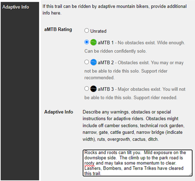 Screenshot of adaptive information pane in the trailforks editor